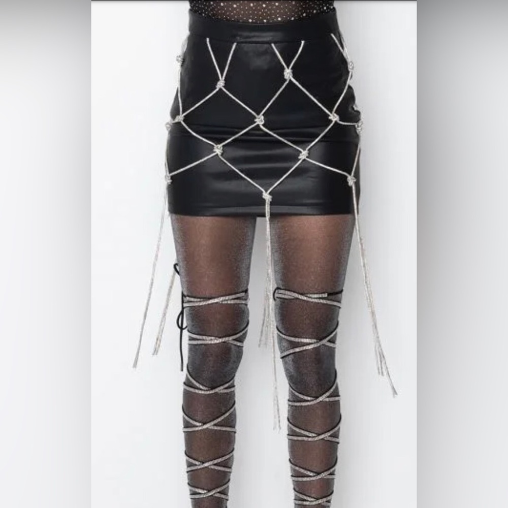 Akira Back In The Game Faux Vegan Leather Crystal Rhinestone String Mini Skirt M